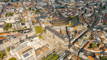 Ghent, Belgium. Zuid park. Panorama of the central city from the air. Cloudy weather, summer day,...