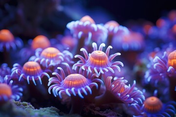 Naklejka na ściany i meble Coral Garden at Night: A macro shot of vibrant coral polyps.
