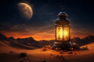 Mystical Ramadan lantern in desert. Islamic crescent star. Generate Ai