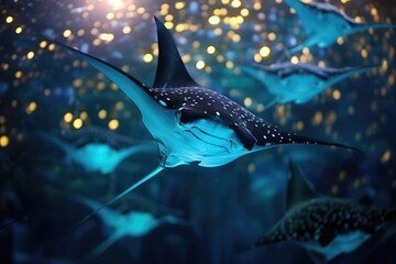 Majestic Manta Rays: A close-up of manta rays soaring through the water. - obrazy, fototapety, plakaty