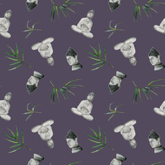 Buddha figurines with bamboo branches and leaves watercolor seamless pattern on dark purple. Hand drawn Buddhism background for printing on fabrics, textiles and wrapping paper
