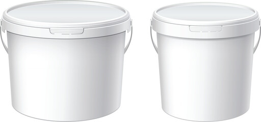 White plastic set bucket with White lid. Product Packaging For food, foodstuff or paints, adhesives, sealants, primers, putty. MockUp Template For Your Design. Vector illustration. © Happy Man