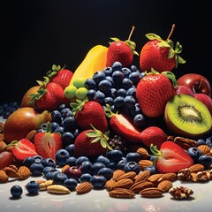 An artistic composition showcasing a colorful assortment of fruits such as strawberries blueberries and kiwi paired with a selection of nuts like cashews and pecans