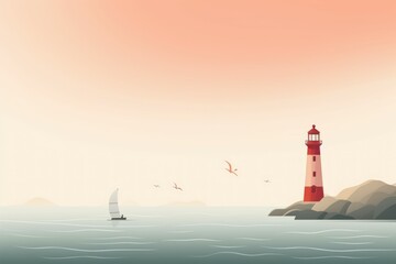 Tranquil Lighthouse morning background. Tower coast. Generate Ai - obrazy, fototapety, plakaty