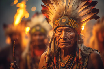 Wisps of smoke rise from a ceremonial fire, casting an enchanting glow on the faces of a tribal gathering