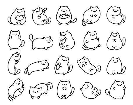 Cute kawaii little cat. Coloring Page. Cartoon funny kitty, animals character. Hand drawn style. Vector drawing. Collection of design elements.
