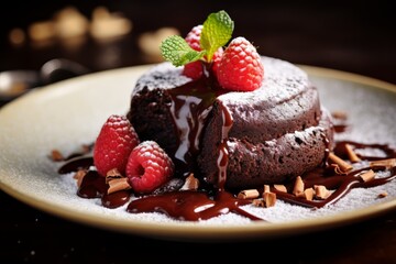 Chocolate fondant cake with a ball of ice cream and fresh raspberries poured with chocolate and decorated with a mint leaf