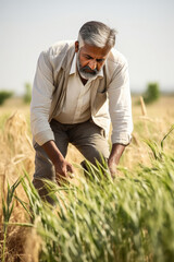 Naklejka na ściany i meble senior indian farmer inspects his wheat field
