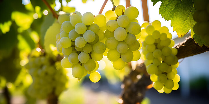 Large bunches of white grapes in the morning sun, Delicious grapes flourishing and maturing outdoors, grape bunch on the vine in vineyard, Close-up green grape with water drops,  Generated AI