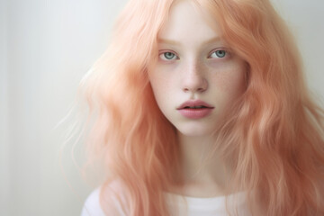 Close-up portrait of a teenage girl with blue eyes and wavy peach fuzz hairstyle. Trendy pink and orange hair tones. Studio shot.