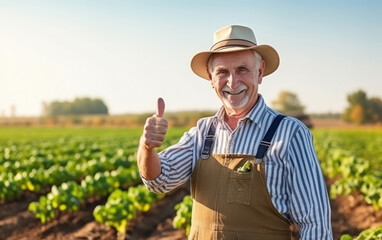 Senior farmer showing thumps up at agriculture field