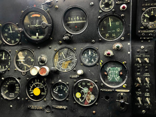 The cockpit control panel of the old plane close up. Detail of an old airplane cockpit with various...