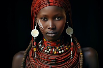 Weathered Long neck tribal woman. Woman wearing neck rings old tradition. Generate ai