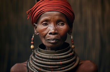Majestic Long neck senior tribal woman. Elderly woman wearing neck rings old tradition. Generate ai