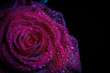 Beautiful and delicate red rose with dew drops, background with red rose
