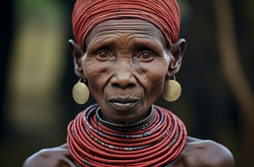 Enduring Long neck senior tribal woman. Elderly woman wearing neck rings old tradition. Generate ai