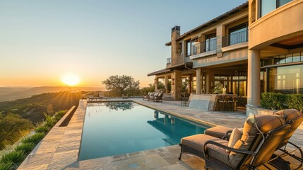 Opulent Sunset Estate: Luxury Home with Pool and Manicured Garden - obrazy, fototapety, plakaty