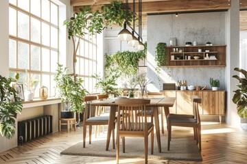 Nordic Loft: 3D Rendering of Modern Scandinavian Dining Room with Luxury Decor and Spring Flowers
