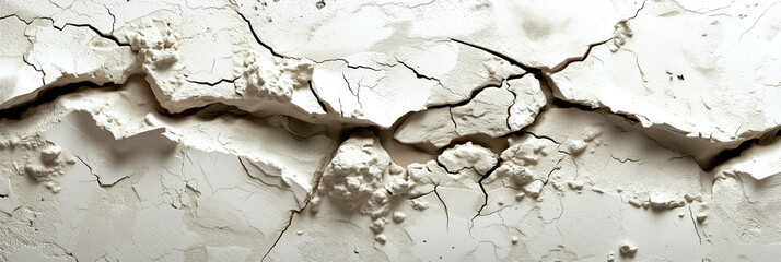 An Old White-gray Wall With a Large Crack and Damaged Plaster. Dirty Cement Background. The Facade Wall is Cracked. The Texture is Grunge. A Cracked Concrete Wall Covered With White Paint.