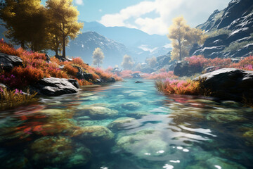 mountain river in the autumn - obrazy, fototapety, plakaty