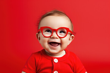one baby with red glasses, joyful and optimistic