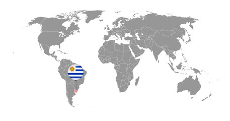 Pin map with Uruguay flag on world map. Vector illustration.