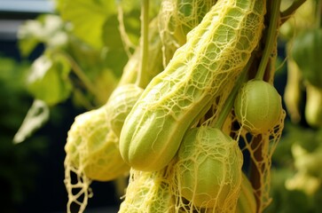 Yellowed Green luffa plant with yellow infection disease. Tropical food gourd vegetable hanging on branch. Generate ai