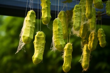 Unhealthy Green luffa plant with yellow infection disease. Tropical food gourd vegetable hanging on branch. Generate ai