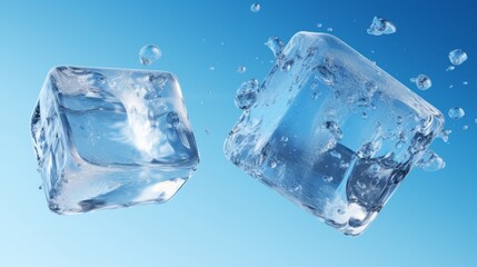 Obraz premium Falling ice cubes on a blue background. Pure frozen water.