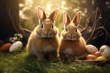 Obraz premium Easter Bunny Extravaganza, Playful Bunnies Create a Charming Background Scene.
