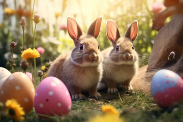 Fototapeta na wymiar Easter Bunny Extravaganza, Playful Bunnies Create a Charming Background Scene.