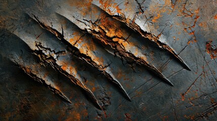 Beastly Claw Marks: Metal Plate Background with Thriller Vibe - obrazy, fototapety, plakaty