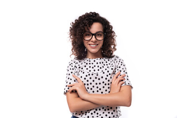 young stylish caucasian woman with curly perm hair looks happy and confident - obrazy, fototapety, plakaty