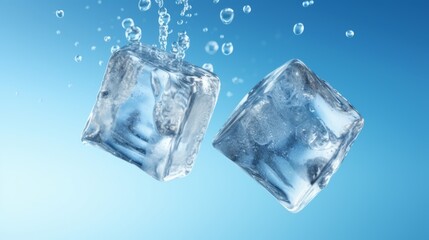 Falling ice cubes on a blue background. Pure frozen water.