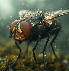 Macro photograph of a fly, exhibiting detailed textures and water droplets on its body, in its habitat