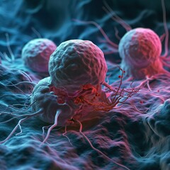 Highly detailed 3d illustration of cancer cells with visible nuclei and filaments in a blue environment