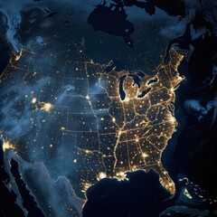 Night-time satellite view of the united states illuminated by city lights from coast to coast