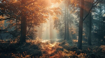 Magical sunrays pierce the mist, creating an ethereal morning mood in a serene forest landscape