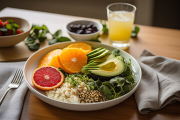 Plate with cereal, fresh vegetables and fruits serving for dinner in the kitchen, generative AI
