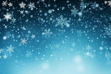Fototapeta premium Random falling snow flakes wallpaper. Snowfall dust freeze granules. Snowfall sky white teal blue background. Many snowflakes february vector. Snow nature scenery. generative ai.