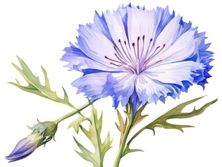 Watercolor Chicory Flowers Isolated, Aquarelle Blue Flower, Blooming Watercolor Cichorium on White