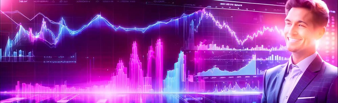 young Smile Businessman on Business chart and graph digital hologram blue abstract glowing background. business concept future tech