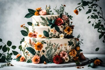 A birthday cake adorned with edible botanical illustrations, featuring lush flowers, leaves, and vines