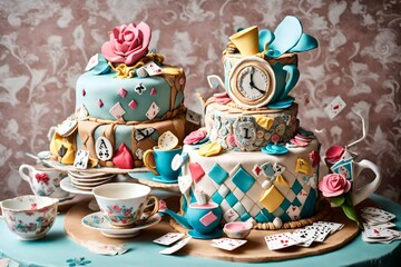 A whimsical "Alice in Wonderland" themed birthday cake with intricate fondant decorations, including teacups and playing cards