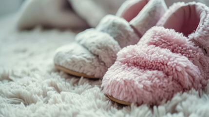Fototapeta na wymiar Cute fluffy warm winter house slippers in pastel colors on a carpet. Female home clothes and shoes, soft slippers.