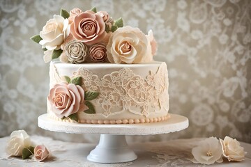 A vintage-inspired birthday cake adorned with edible lace, sugar roses, and a classic topper