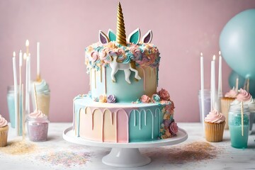A unicorn-themed birthday cake with a graceful unicorn topper, pastel colors, and edible glitter