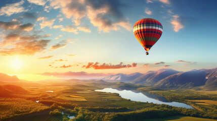 hot air balloon flying over river