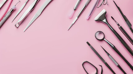 Top view of a flat pink table with manicure tools and supplies lying around. Creative template banner with copy space for nail salon. - obrazy, fototapety, plakaty