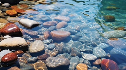 A close-up of a rocky riverbed with crystal clear water flowing gently over smooth stones.